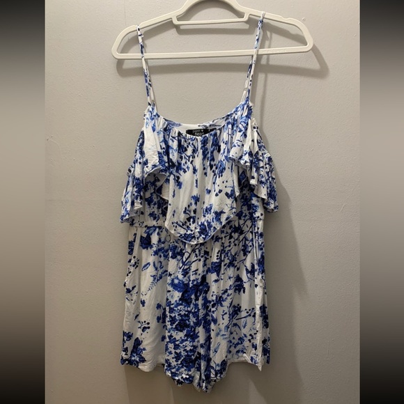 LF off the Shoulder Romper in Blue and White - Picture 1 of 3